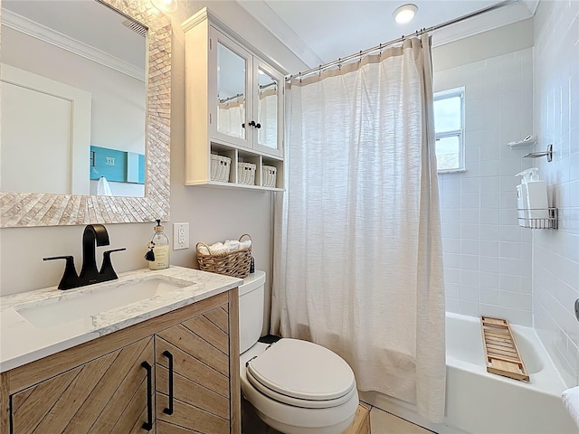 4231 8th St N, Saint Petersburg, FL 33703 - full bathroom with toilet, ornamental molding, vanity, and shower / bath combo with shower curtain