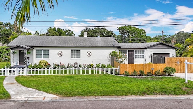4231 8th St N, Saint Petersburg, FL 33703 - ranch-style house with a fenced front yard, roof with shingles, stucco siding, and a front yard
