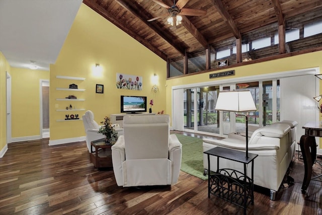 50 Balsam Dr, Oldsmar, FL 34677 - living area with wooden ceiling, a ceiling fan, hardwood / wood-style floors, high vaulted ceiling, and baseboards