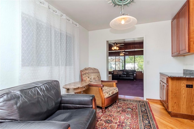 living area with a ceiling fan and light wood-style flooring
