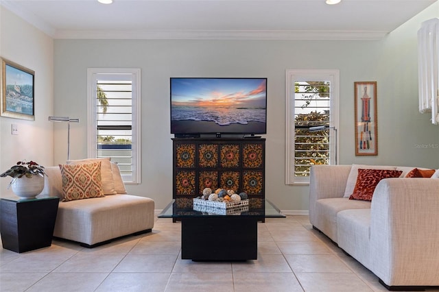 living area featuring crown molding, recessed lighting, light tile patterned floors, and baseboards