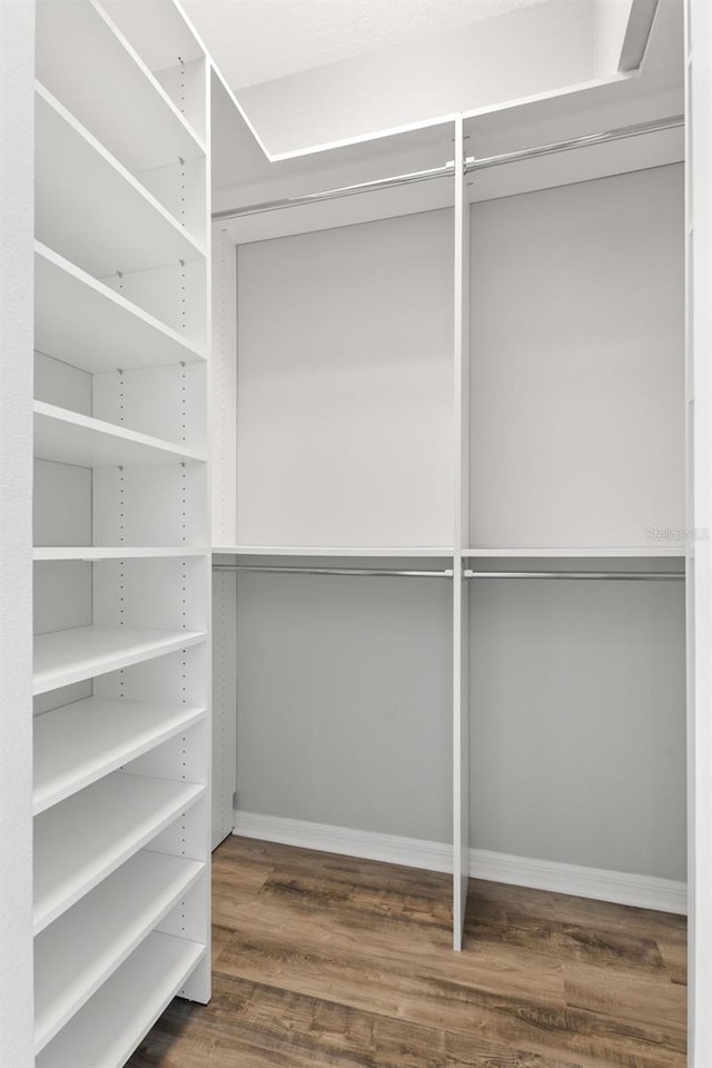 walk in closet with wood finished floors