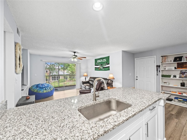 kitchen with a ceiling fan, wood finished floors, a sink, light stone counters, and open floor plan
