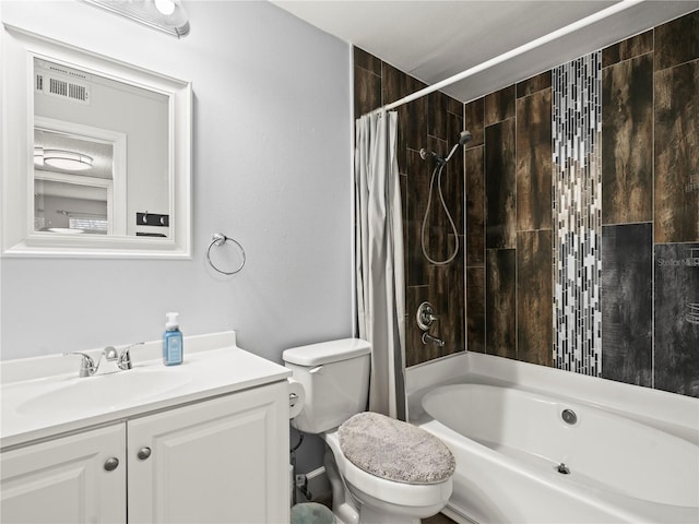 full bath featuring visible vents, toilet, shower / tub combo, and vanity