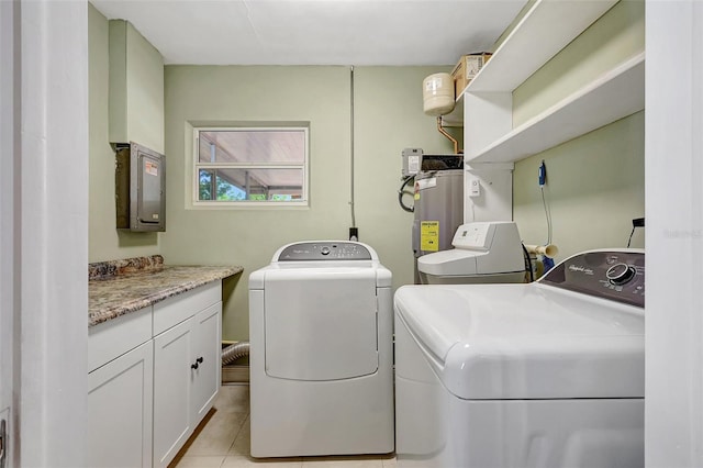3065 Merrill Ave, Clearwater, FL 33759 - laundry room featuring washer and clothes dryer, electric water heater, electric panel, cabinet space, and light tile patterned floors