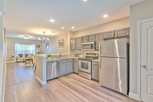 kitchen featuring an inviting chandelier, a sink, a peninsula, gray cabinetry, and appliances with stainless steel finishes