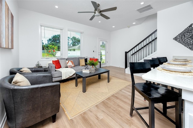 3402 E 28th Ave Unit 6, Tampa, FL 33605 - living area with stairs, light wood-style flooring, ceiling fan, and recessed lighting