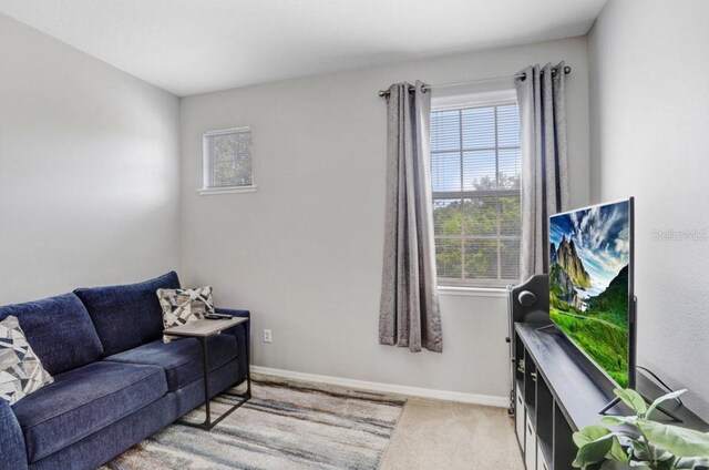 living room featuring baseboards and light colored carpet