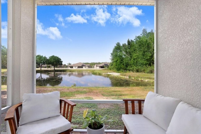 exterior space featuring a water view