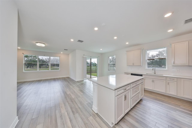 36959 Highland Meadows Ct, Zephyrhills, FL 33542 - kitchen with a sink, light wood-style floors, open floor plan, light countertops, and a center island