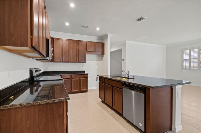 2477 Water Willow Dr, Lutz, FL 33558 - kitchen with a sink, light tile patterned floors, appliances with stainless steel finishes, ornamental molding, and visible vents