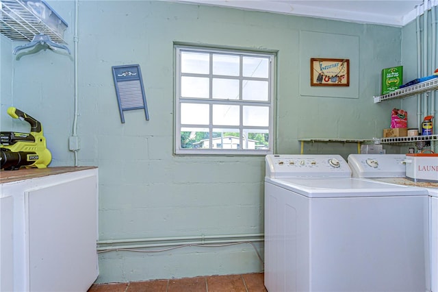 washroom featuring washer and dryer, concrete block wall, and laundry area