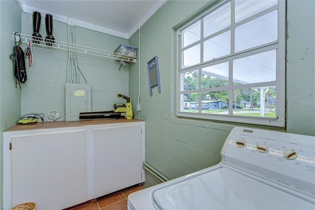 laundry area with electric panel, tile patterned floors, washer / dryer, concrete block wall, and laundry area