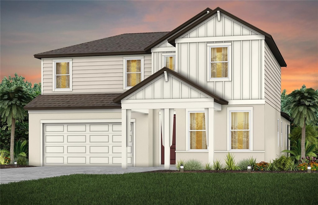 10537 Longmeadow Ave, Parrish, FL 34219 - modern inspired farmhouse with a lawn, a shingled roof, board and batten siding, concrete driveway, and an attached garage