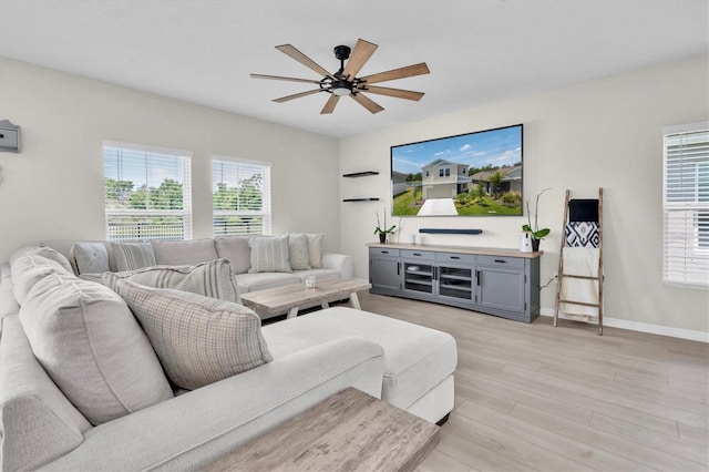 7721 Twin Leaf Ter, Parrish, FL 34219 - living room with baseboards, ceiling fan, a healthy amount of sunlight, and light wood-type flooring