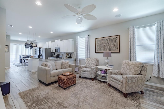 4516 Savannah Holly Pl, Riverview, FL 33578 - living area featuring ceiling fan, baseboards, wood tiled floor, and recessed lighting