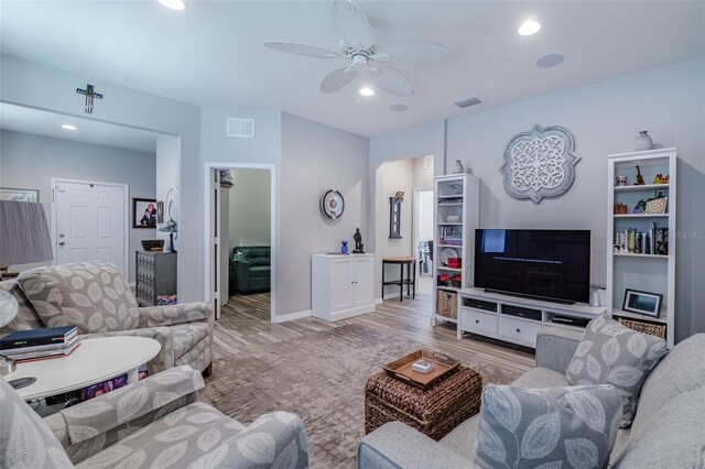 4516 Savannah Holly Pl, Riverview, FL 33578 - living room with ceiling fan, wood finished floors, visible vents, and recessed lighting