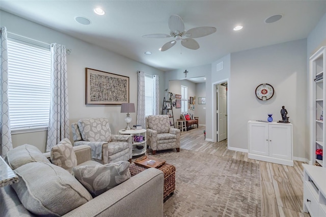 4516 Savannah Holly Pl, Riverview, FL 33578 - living area featuring ceiling fan, light wood-style flooring, baseboards, visible vents, and recessed lighting