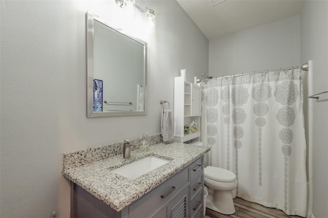 4516 Savannah Holly Pl, Riverview, FL 33578 - full bathroom featuring wood finished floors, vanity, curtained shower, and toilet