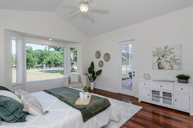 bedroom featuring access to exterior, baseboards, vaulted ceiling, dark wood-type flooring, and a ceiling fan