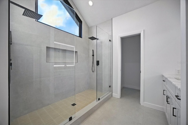 6627 Dolphin Cove Dr, Apollo Beach, FL 33572 - full bathroom with a stall shower, vanity, vaulted ceiling, and recessed lighting