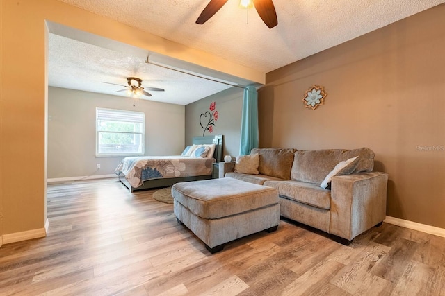2460 Beacon Groves Blvd, Palm Harbor, FL 34683 - bedroom with light wood-style floors, baseboards, a ceiling fan, and a textured ceiling