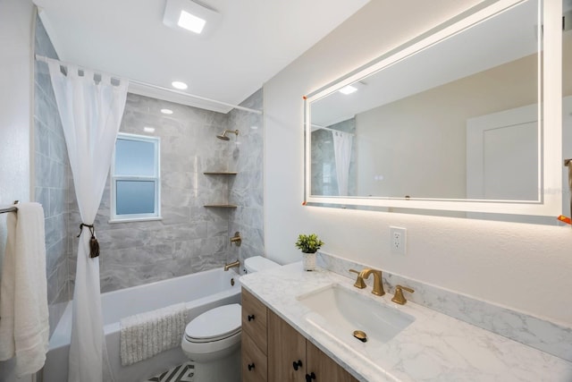bathroom with vanity, shower / bathtub combination with curtain, and toilet