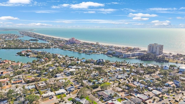 drone / aerial view featuring a water view and a residential view
