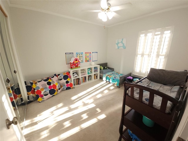 carpeted bedroom with ornamental molding