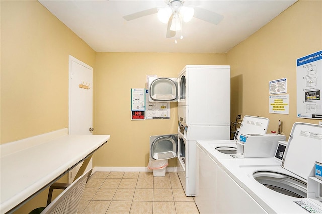 5216 81st St N Unit 2, Saint Petersburg, FL 33709 - shared laundry featuring stacked washer and clothes dryer, light tile patterned floors, and ceiling fan