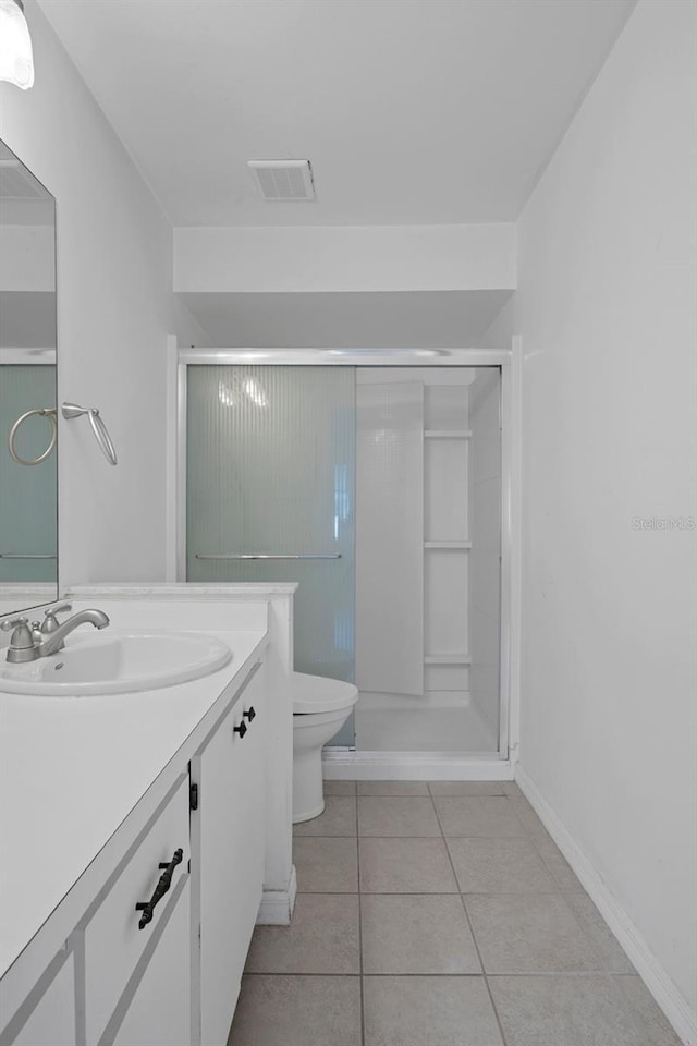 full bath featuring visible vents, vanity, toilet, tile patterned floors, and a shower stall