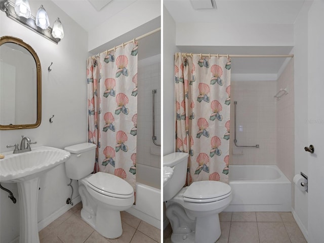 bathroom featuring baseboards, shower / tub combo with curtain, tile patterned floors, and toilet