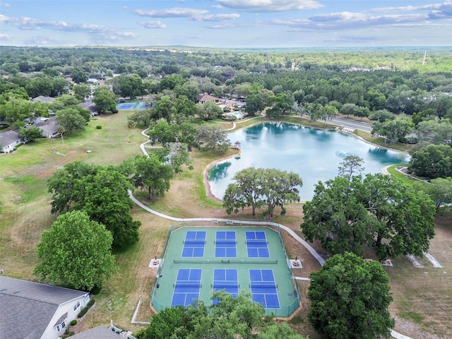 birds eye view of property with a water view and a forest view