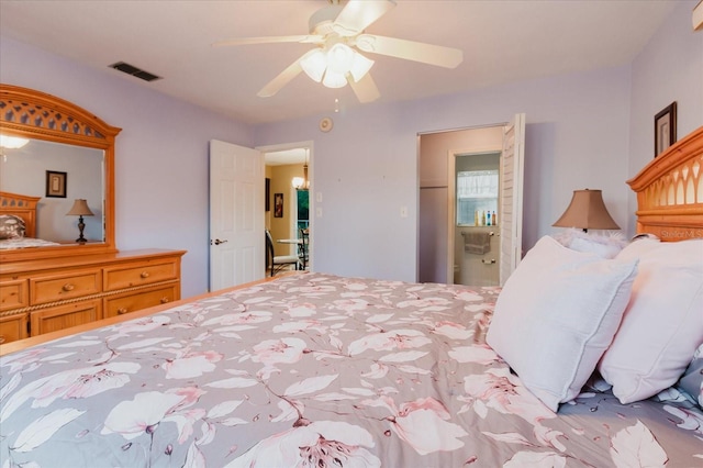 bedroom featuring visible vents and a ceiling fan