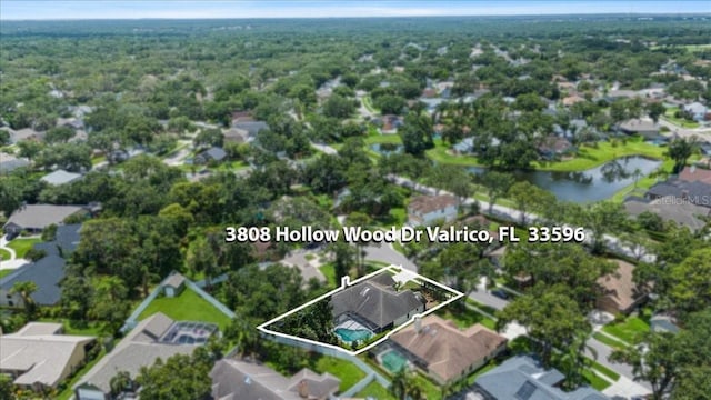 3808 Hollow Wood Dr, Valrico, FL 33594 - aerial view of residential area featuring property parcel outlined and a large body of water
