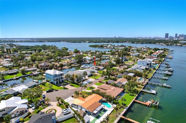 drone / aerial view with a water view