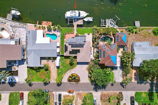 drone / aerial view with a water view