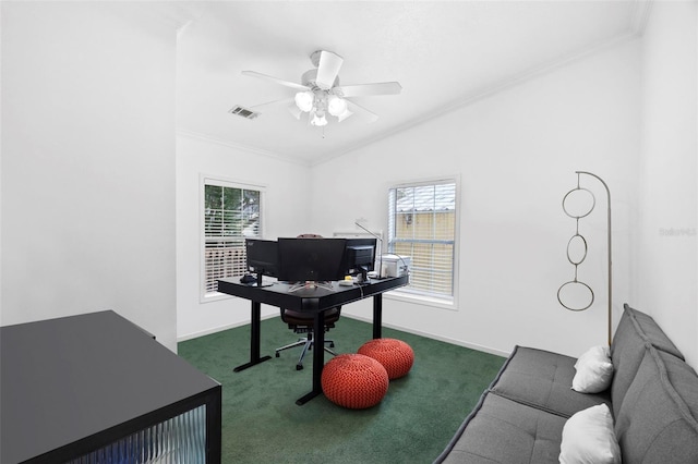 13015 Elm St, Odessa, FL 33556 - office with visible vents, a ceiling fan, dark colored carpet, and crown molding