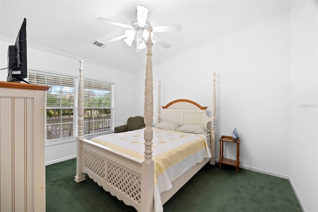 13015 Elm St, Odessa, FL 33556 - carpeted bedroom featuring visible vents, ceiling fan, crown molding, and baseboards