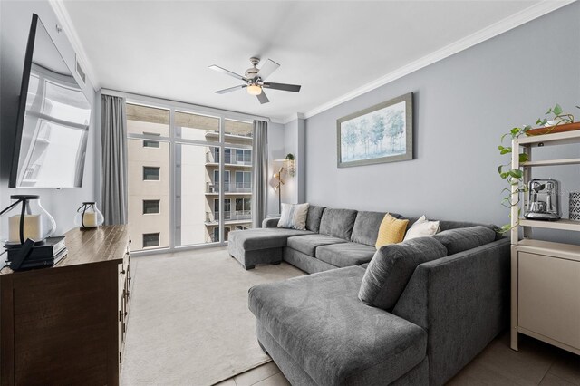 1120 E Kennedy Blvd Unit 1228, Tampa, FL 33602 - living room with a ceiling fan, crown molding, and expansive windows