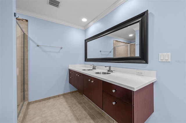 1120 E Kennedy Blvd Unit 1228, Tampa, FL 33602 - bathroom featuring crown molding, a tile shower, double vanity, baseboards, and tile patterned floors