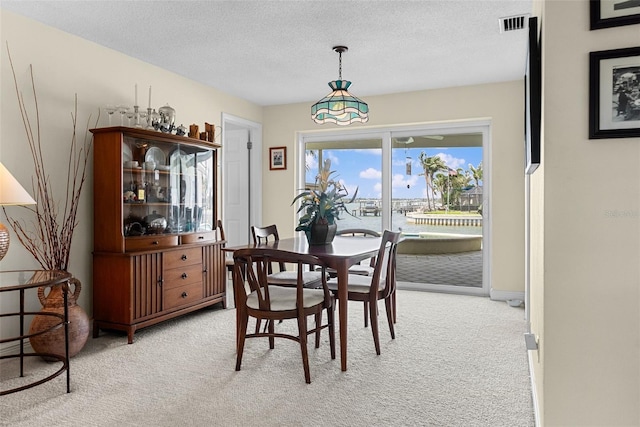 4333 48th Ave S, Saint Petersburg, FL 33711 - dining area featuring a textured ceiling, visible vents, a water view, and light carpet