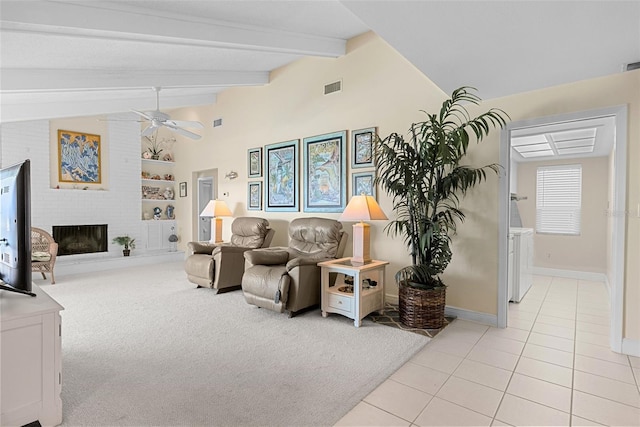 4333 48th Ave S, Saint Petersburg, FL 33711 - living area with light tile patterned floors, visible vents, ceiling fan, baseboards, and beam ceiling