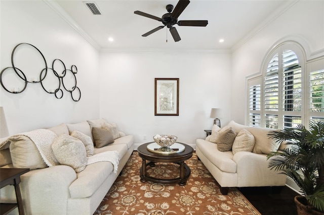 living room with ornamental molding, recessed lighting, a ceiling fan, and visible vents