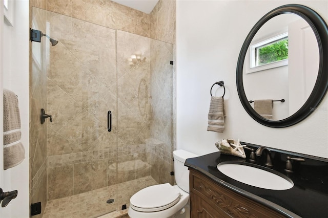 full bathroom featuring toilet, a shower stall, and vanity