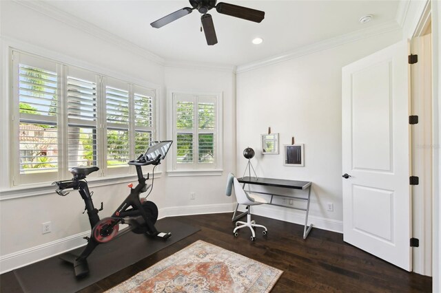 workout room featuring ornamental molding, a ceiling fan, wood finished floors, and baseboards