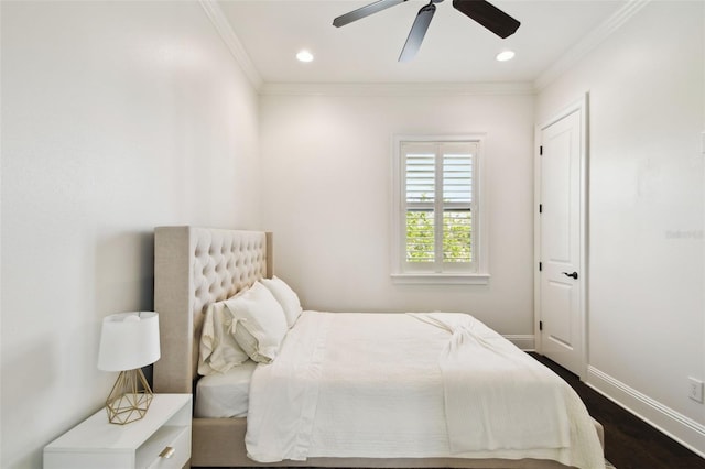 bedroom with recessed lighting, crown molding, a ceiling fan, baseboards, and dark wood finished floors