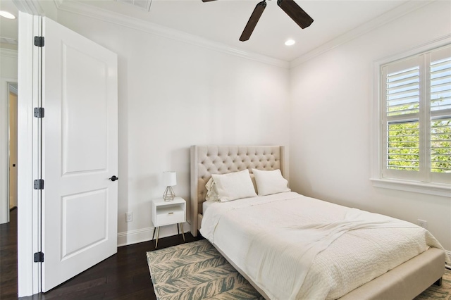 bedroom with crown molding, ceiling fan, baseboards, dark wood-style flooring, and recessed lighting