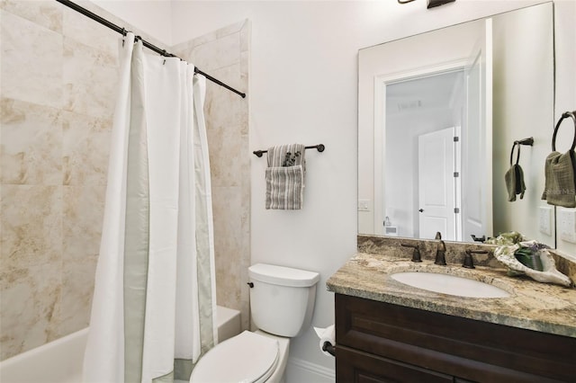 bathroom with toilet, vanity, and shower / tub combo with curtain