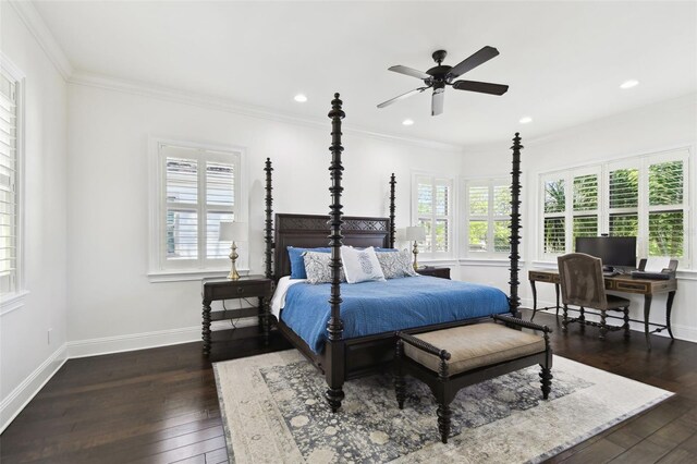 bedroom with recessed lighting, ornamental molding, ceiling fan, baseboards, and dark wood-type flooring